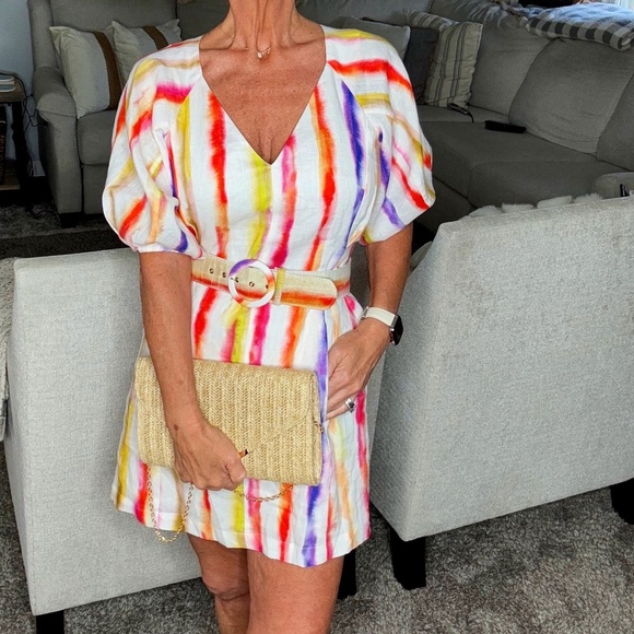 Nicholas The Label Linen Dress Shaanti Mini Rainbow Vibrant Puff Sleeve Belted - Picture 1 of 16